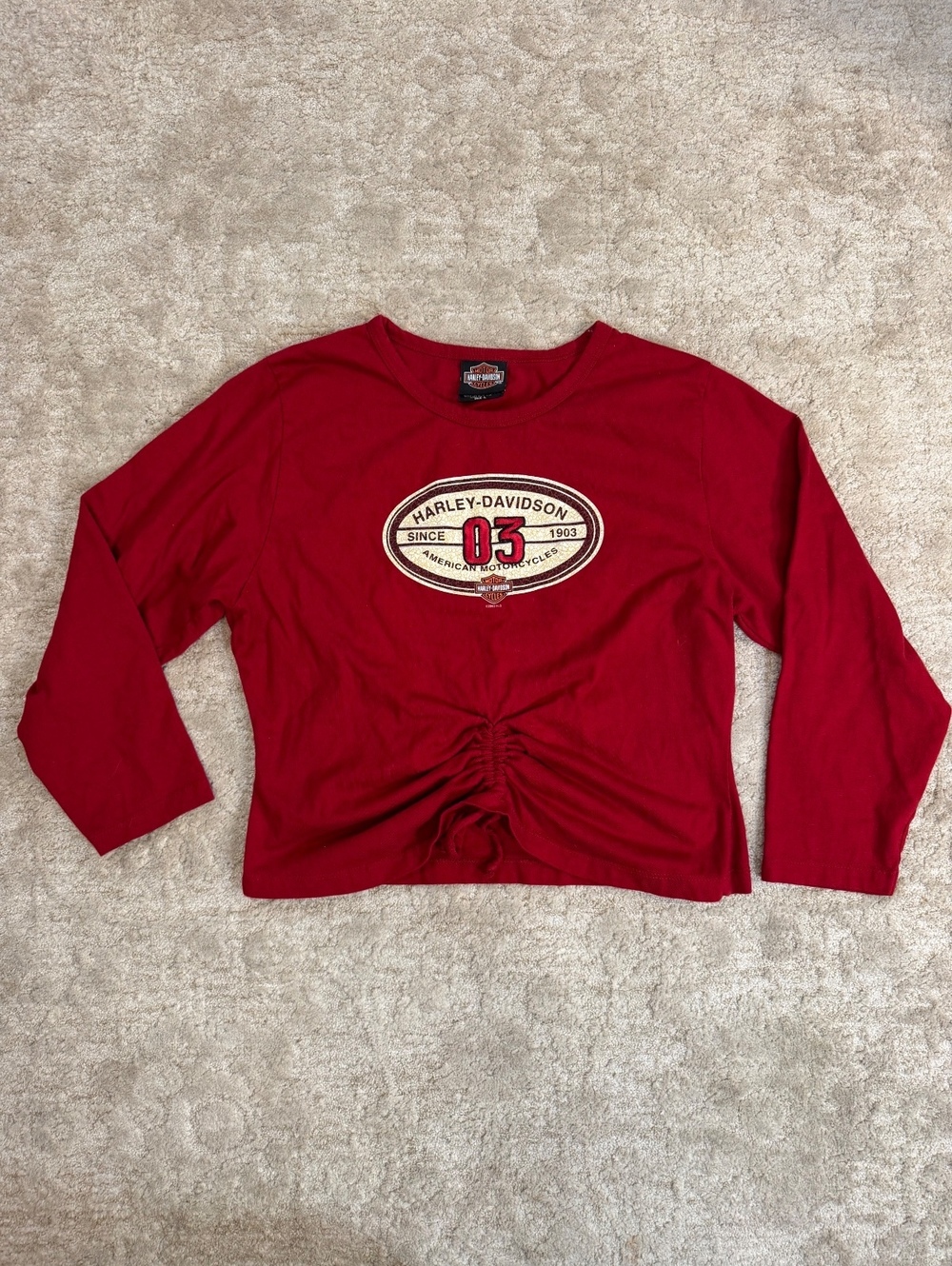 Harley-Davidson Women's Red Long Sleeve Cotton Shirt with Front Ruched Detail
